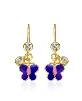 Kids 14k Gold Plated CZ Purple Enamel Butterfly Earrings