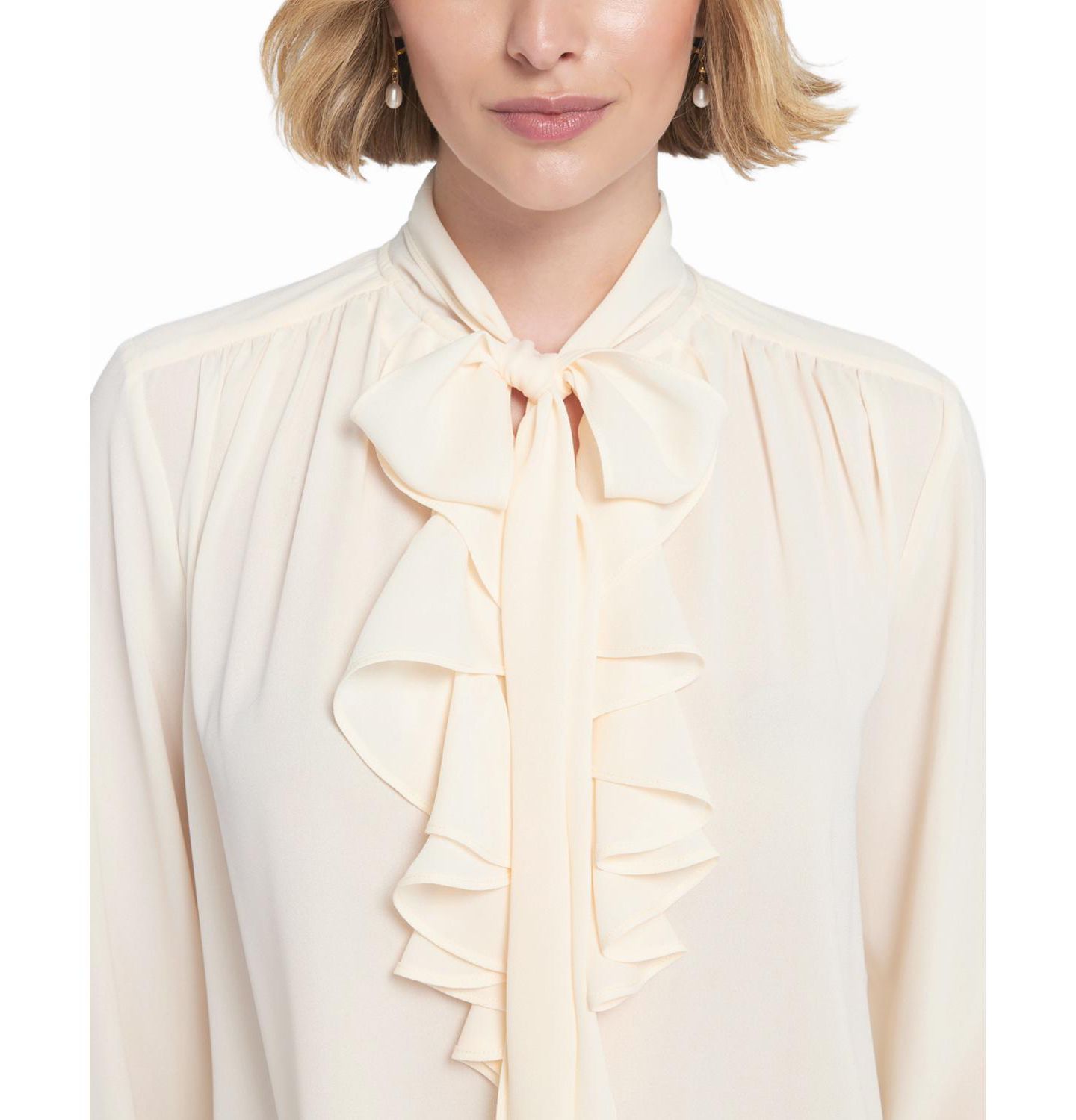 Женская блузка ELLE Collection Flounce-Trimmed Tie-Neck Blouse Top, цвет: Белый — фото 1