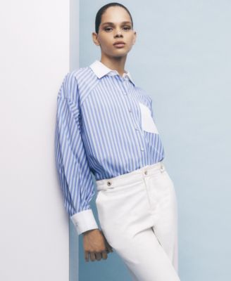 Women's Stripe Contrast Front Button Collar Blouse