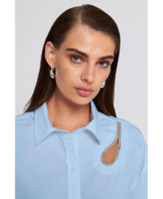 Women's Rhinestone Trim Cutout Shirt Button Down Top