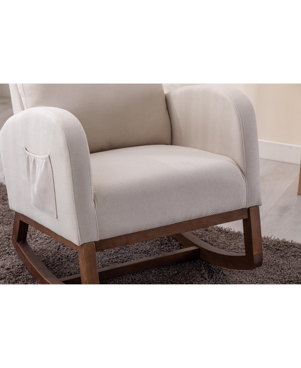 Flynama Beige Linen Rocking Recliner Chair – Modern Home Furniture with Wood Legs, Side Pocket & High Back