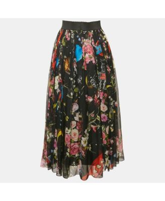 Women's Black Printed Silk Midi Skirt