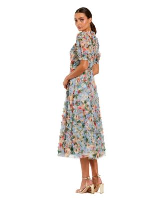 Women's Floral Printed Mesh Ruffle High Neck Midi Dress