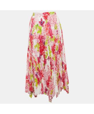 Women's Multicolor Floral Print Satin Pleated Asymmetric Midi Skirt