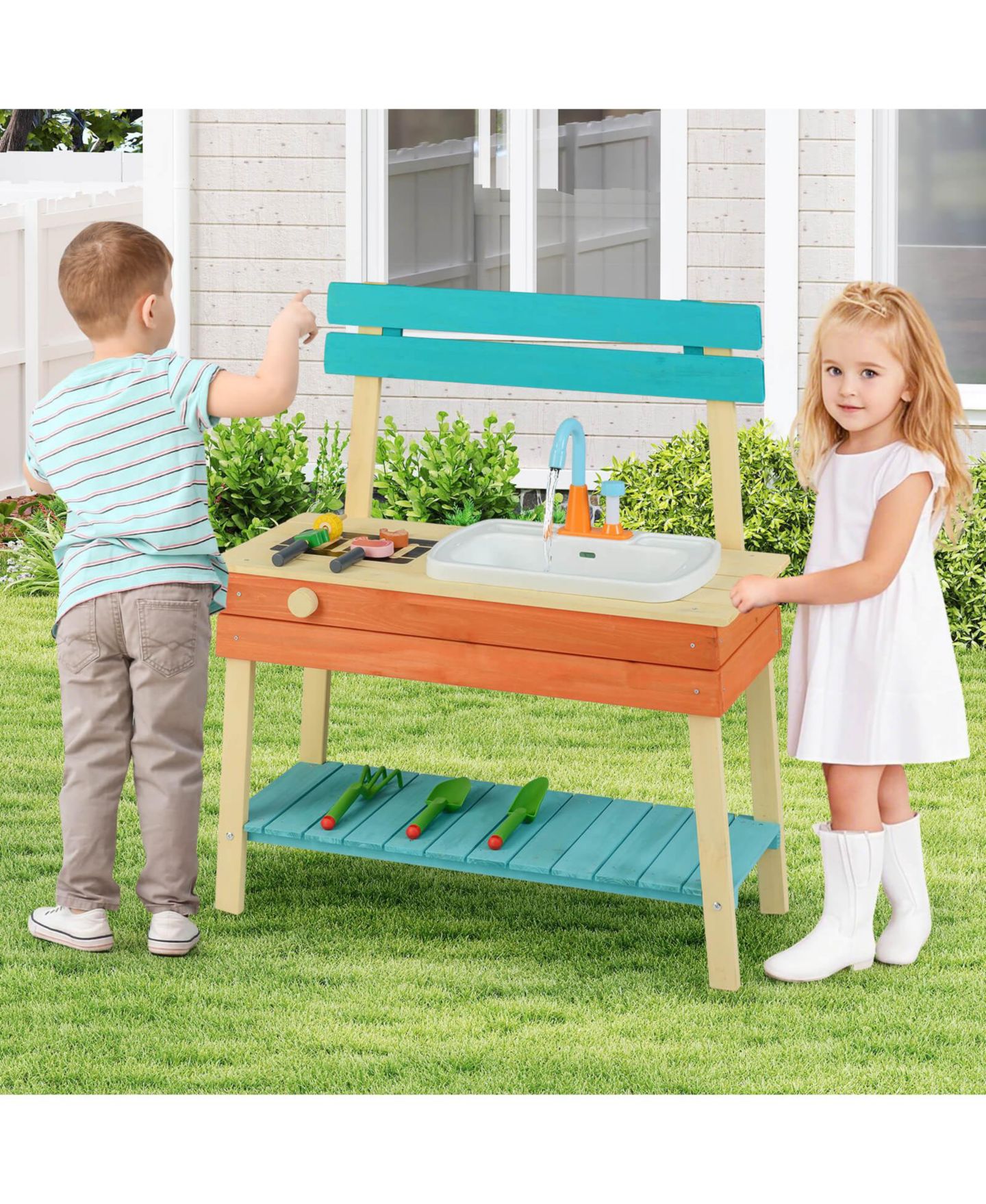 Детская игрушка Costway Water Play Wooden Mud Kitchen, Ages 3-8, цвет: Assorted Pre-Pack — фото 3