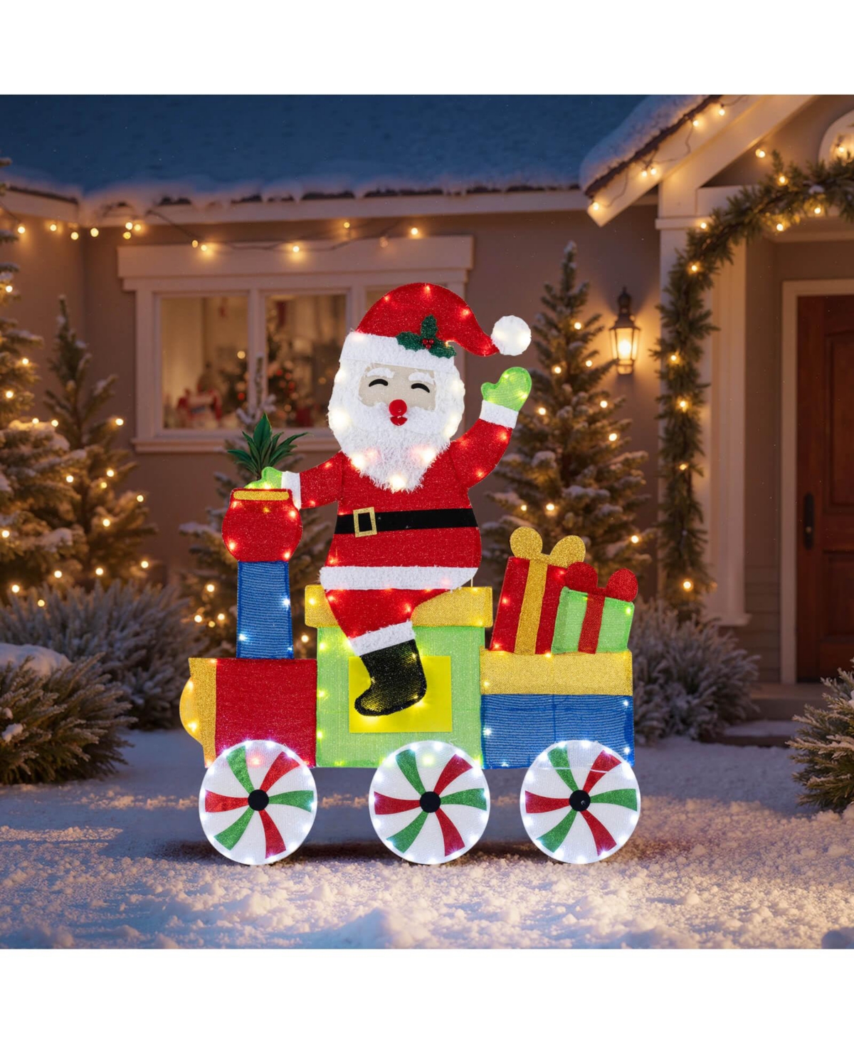 Costway Lighted Santa on Train Christmas Decoration with Led Lights Gift Boxes