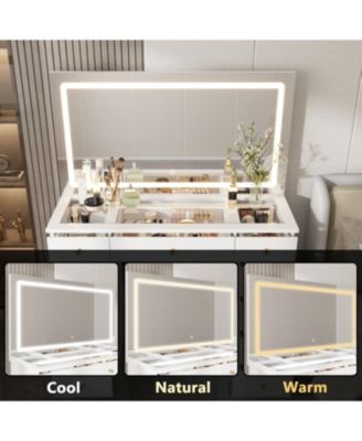 9-Drawer Vanity with 3 Color LED Mirror, Tempered Glass Countertop,Crystal Handle, Makeup Table,Chest