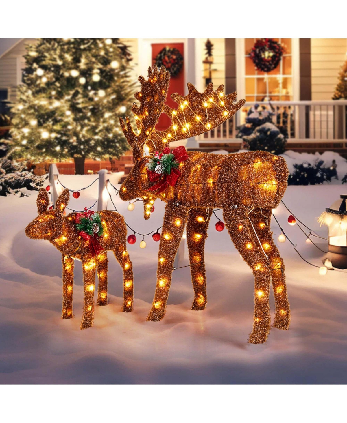 2 Pcs Lighted Moose Family Light-up Xmas Deer Decorations with 170 Led Lights