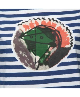 Women's Blue Graphic Stripe Print Cotton Boat Neck T-Shirt