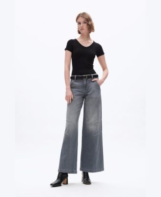 Women's Retro Washed Mid-Rise Wide-Leg Jeans