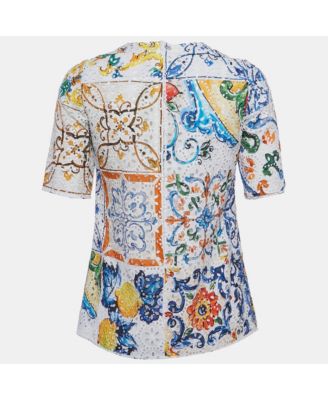 Women's Black And Beige Dice Key Printed Silk Short Sleeve Top