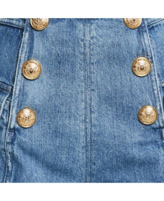 Women's Blue Distressed Denim Button Detail Shorts
