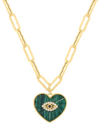 Diamond (1/20 ct. t.w.), Sapphire & Malachite Pendant Necklace in 14k Yellow Gold