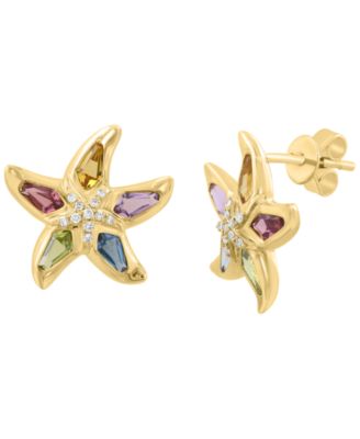 Diamond (1/20 ct. t.w.) & Multi Gemstones (1-1/5 ct. t.w.) Stud Earrings in 14k Yellow Gold