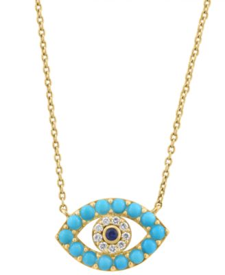  Diamond (1/20 ct. t.w.) Turquoise (2MM) and Sapphire Accent Necklace in 14K Yellow Gold