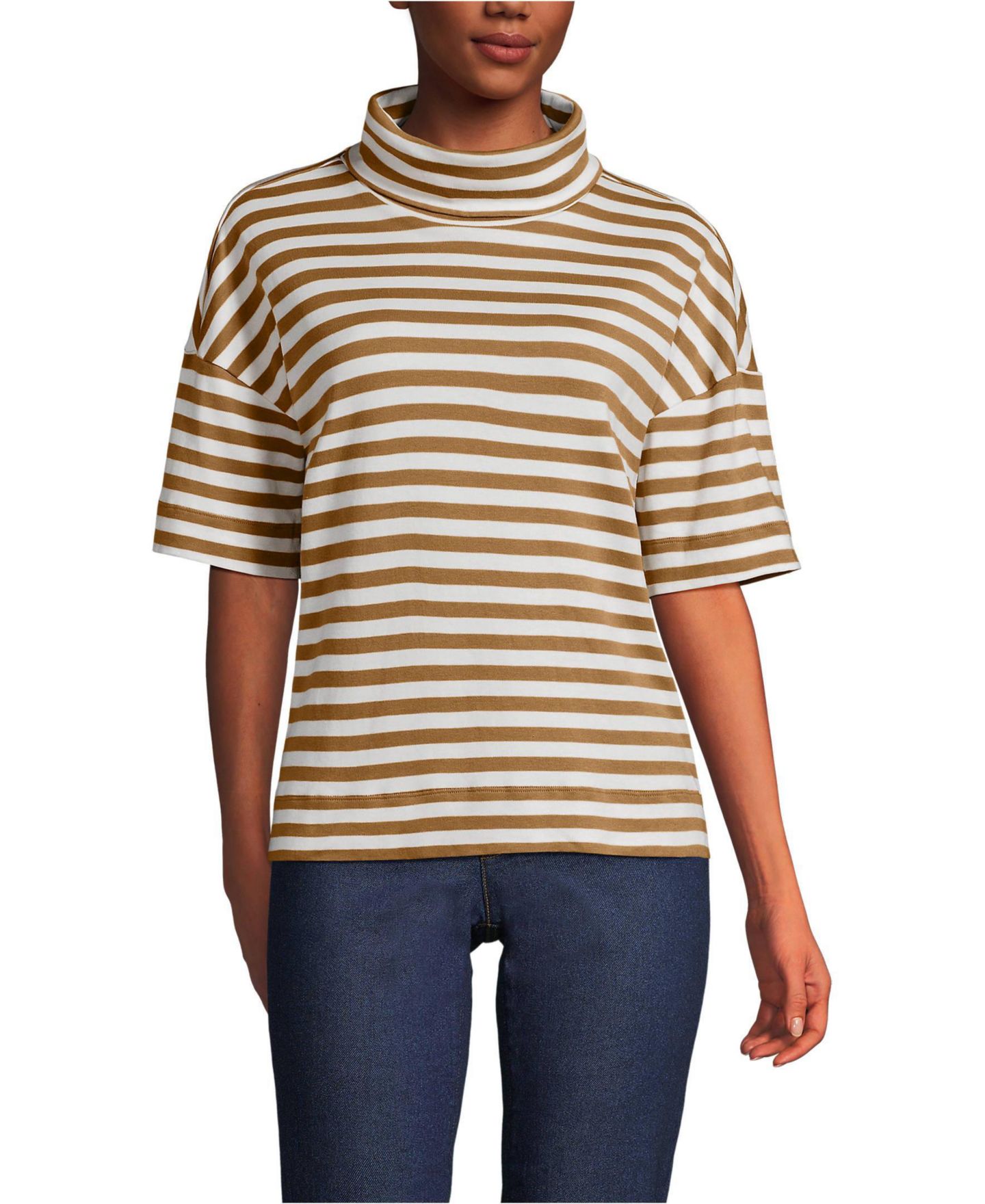 Женский топ Lands' End Elbow Sleeve Supima Cotton Relaxed Turtleneck, цвет: Верблюжий полосатый — фото 1