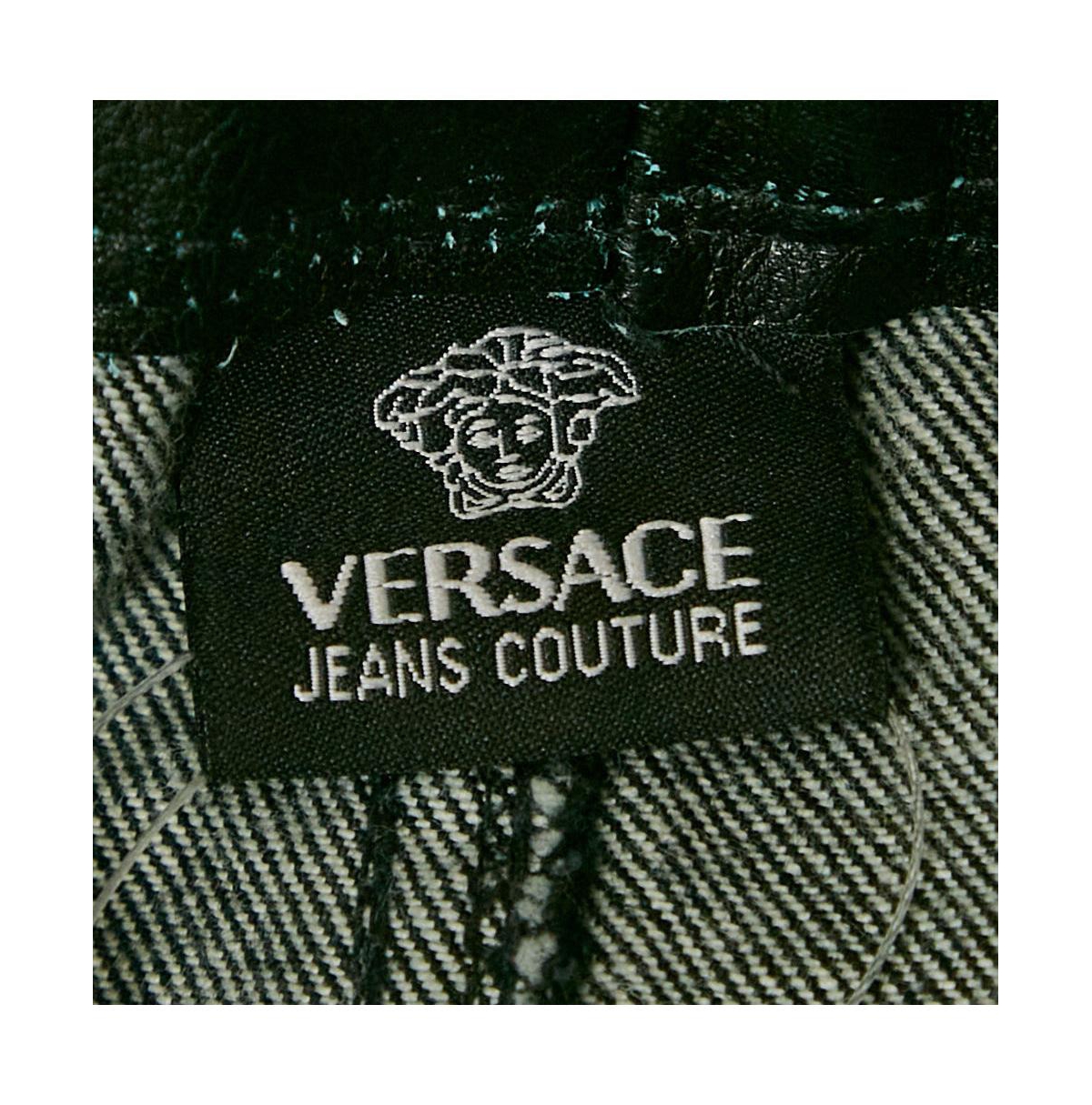 Pre-Owned Versace Women's Jeans Couture Black Washed Denim Leather Detail Mini Skirt