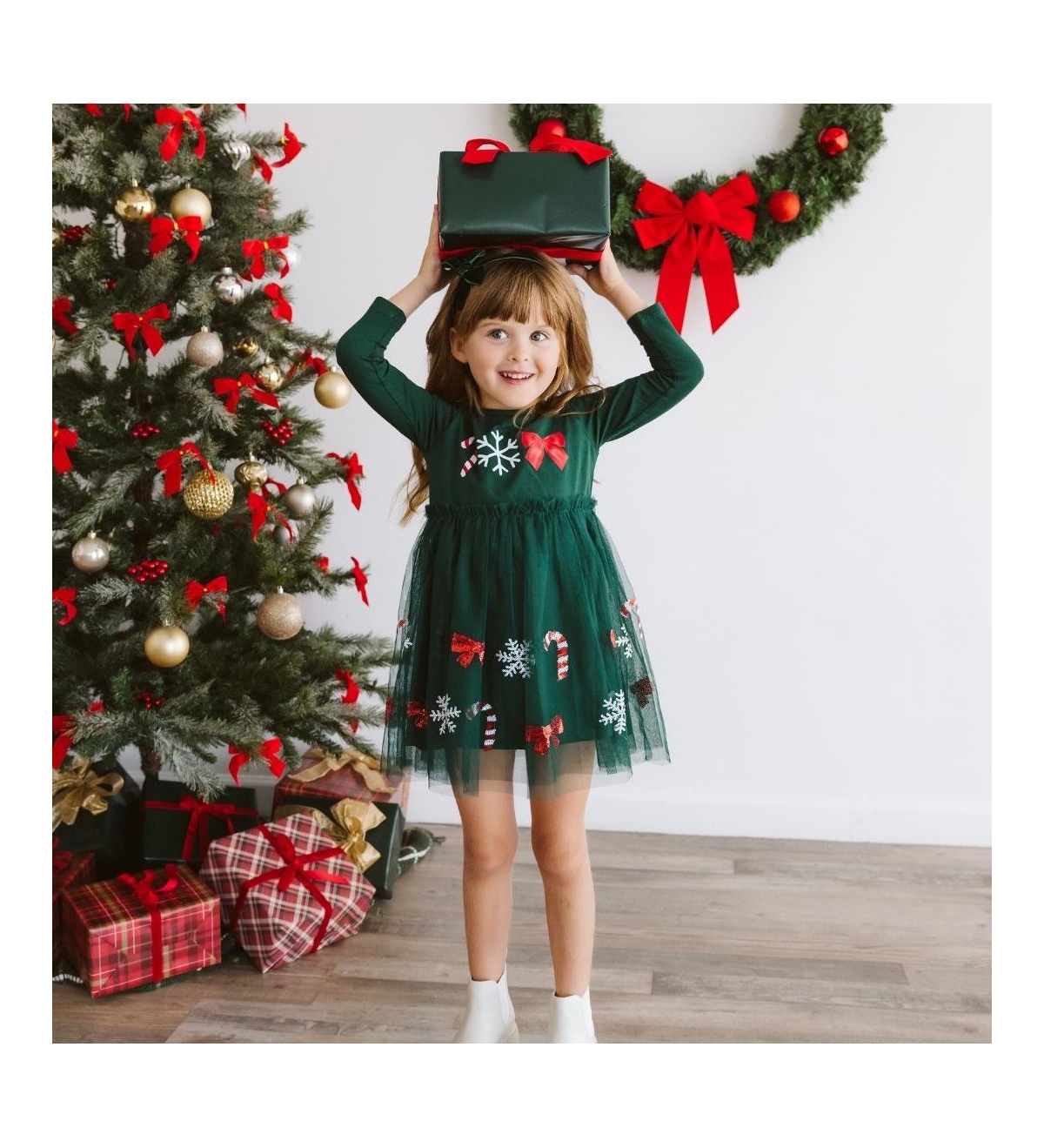 Sweet Wink Toddler Girls Emerald Candy Cane Sequin Christmas Long Sleeve Tutu Dress
