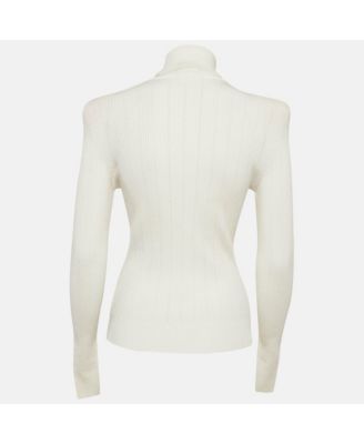Women's White Rib Knit Structured Shoulders Turtleneck Sweater