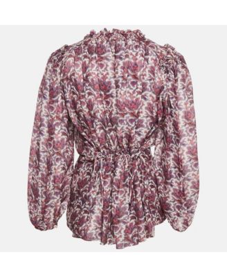 Women's Purple Printed Silk Ruffle Detail Top