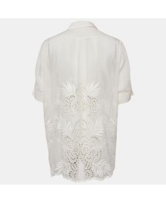 Women's White Embroidered Cambric Cotton Blend Button Front Blouse