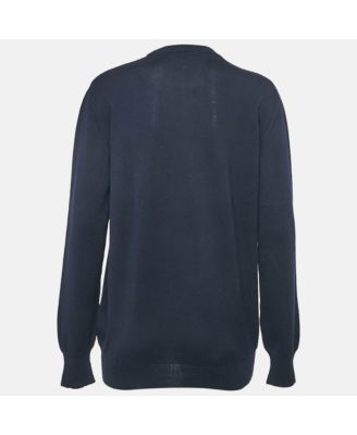 Women's Navy Blue Intarsia Knit Crew Neck Sweater