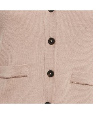 Women's Beige Rib Knit Sleeveless Monili Bead Detail Cardigan