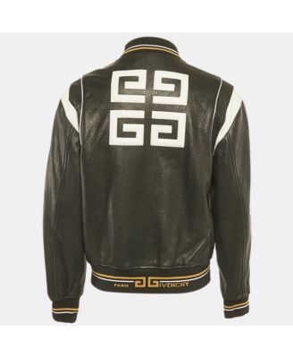 Men's Black Leather Monogram Bomber Jacket