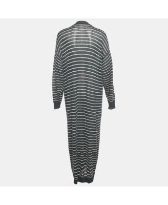 Women's Grey Striped Cotton Sequin Long Cardigan