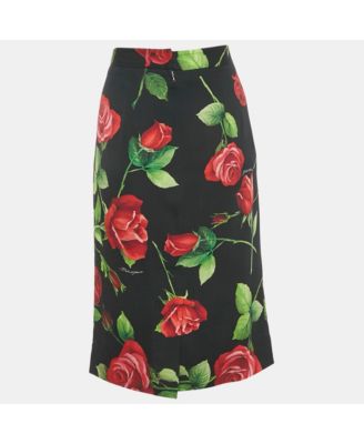 Women's Black Rose Printed Silk Pencil Skirt