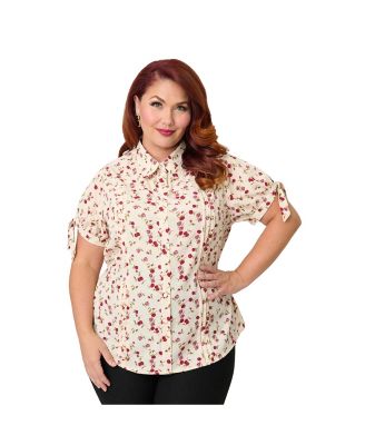 Plus Size 1950s Tie Cuff Woven Blouse