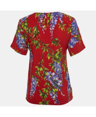 Women's Red Floral Print Crepe Short Sleeve Blouse
