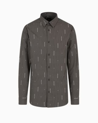 Men's Slim-Fit Striped Logo Print Long Sleeve Button-Front Shirt