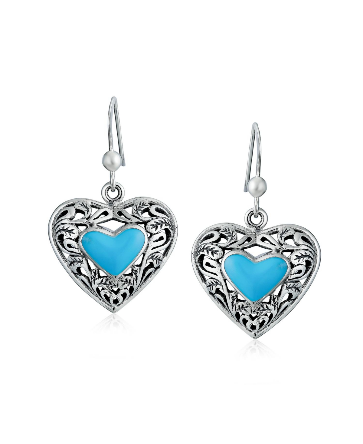 Bling Jewelry Set of 2 Blue Turquoise Boho Arrowhead and Filigree Heart Dangle Earrings Oxidized Sterling Silver