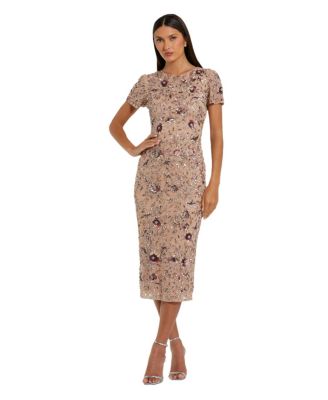 Women's Floral Embellished Short Sleeve Midi Dress