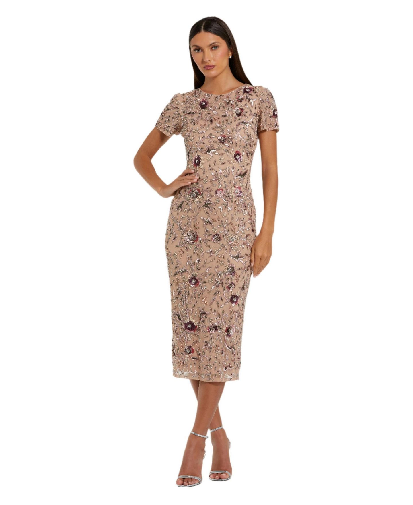 Женское платье Mac Duggal Floral Embellished Short Sleeve Midi, цвет: Мокко — фото 1