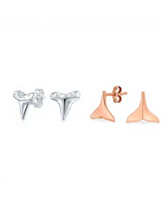 Set of 2 Ocean-Inspired Rose Gold Mermaid Fin Whale Tail & Silver Shark Tooth Stud Earrings Sterling Silver