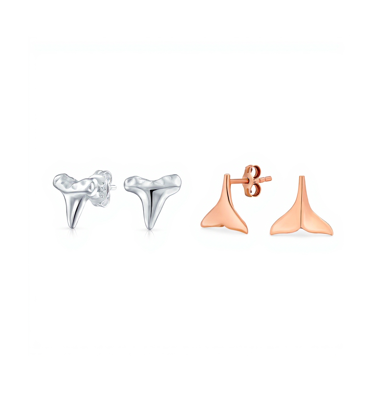 Bling Jewelry Set of 2 Ocean-Inspired Rose Gold Mermaid Fin Whale Tail & Silver Shark Tooth Stud Earrings Sterling Silver