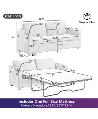 72.8" Corduroy Sleeper Sofa Loveseat Sofa with Full Size Mattress, Two USB Ports, Two Cup Holders, Two Side Pockets and a Phone Holder