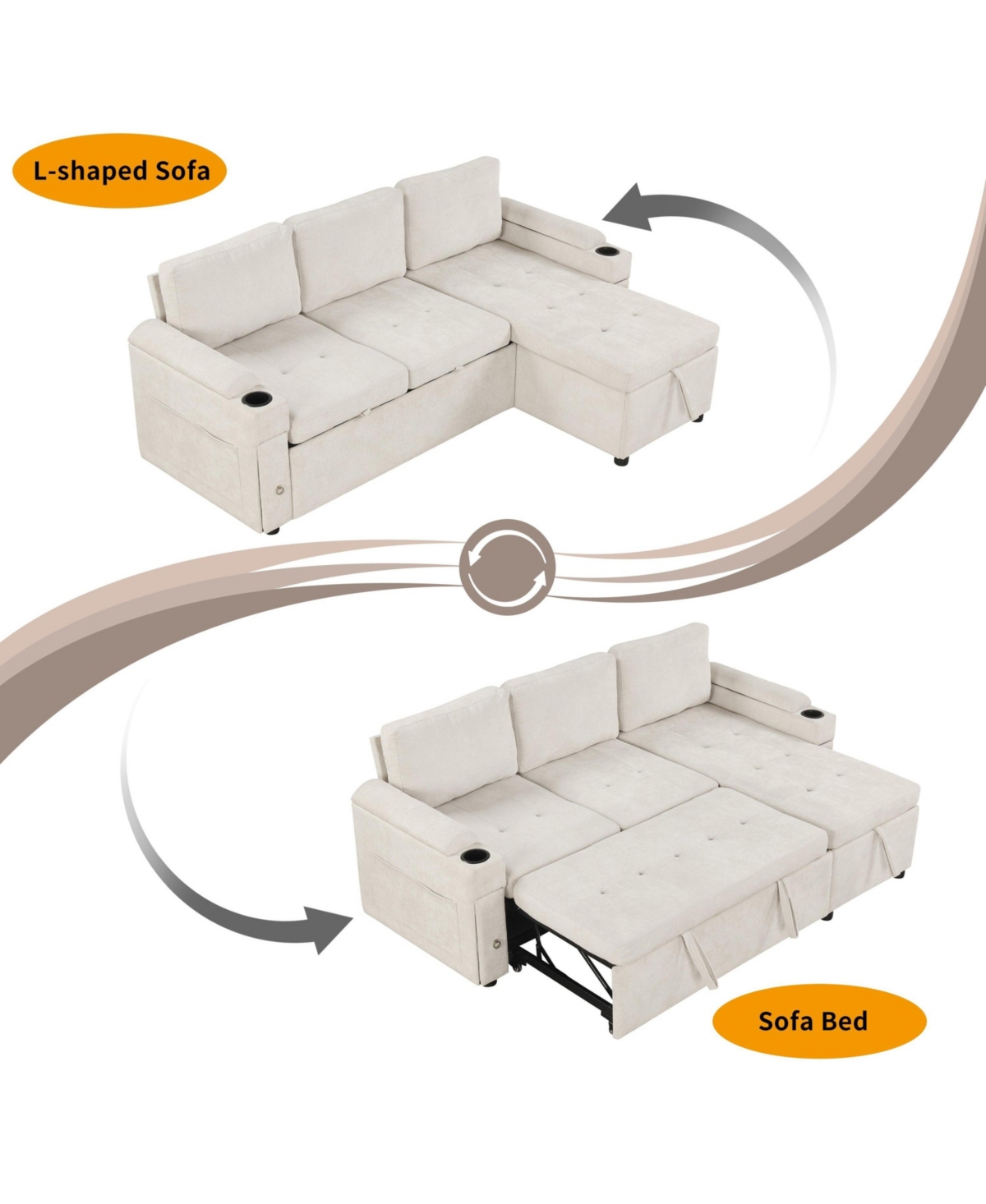 Boyel Living 83.5" L-Shaped Convertible Sofa Couch Bed Sectional with Storage, 2 Cup Holders & Usb Ports for Room