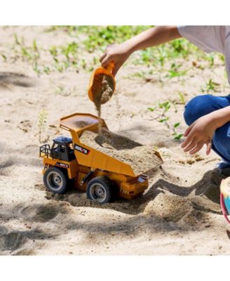 RC Dump Truck Toy, 9-Channel 1:18 Scale Remote Control Construction Truck with Metal Cabin, Lights & 2 Batteries