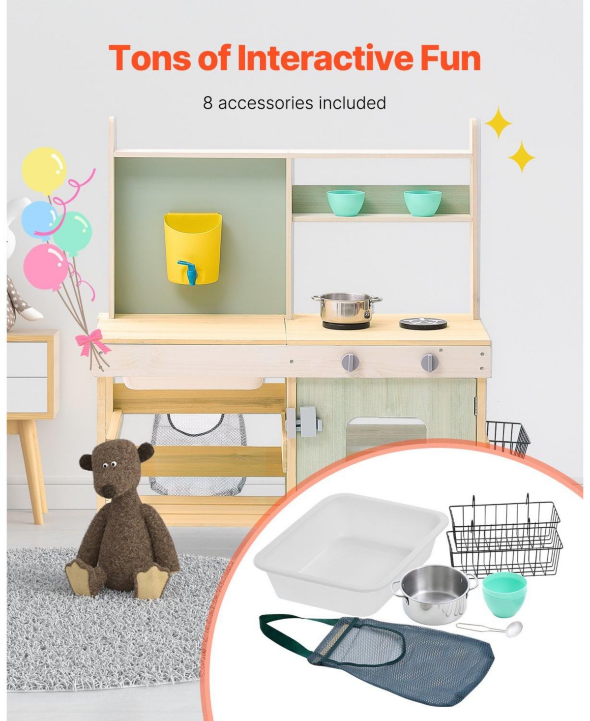 Mecale Mud Kitchen for Kids, Wooden Outdoor Playset, Pretend Kitchen with Stoves, Tank, Faucet, Storage Bag, Metal Baskets & Cookware