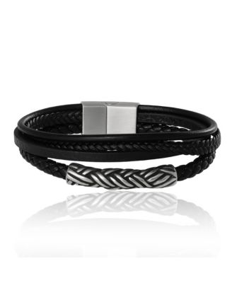 Men s Multi Row 8'' Leather Bracelet with Braided Barrel, Black