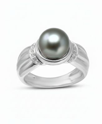 Tahitian Pearl (9mm) & Diamond (1/20 ct. t.w.) Ring in Sterling Silver