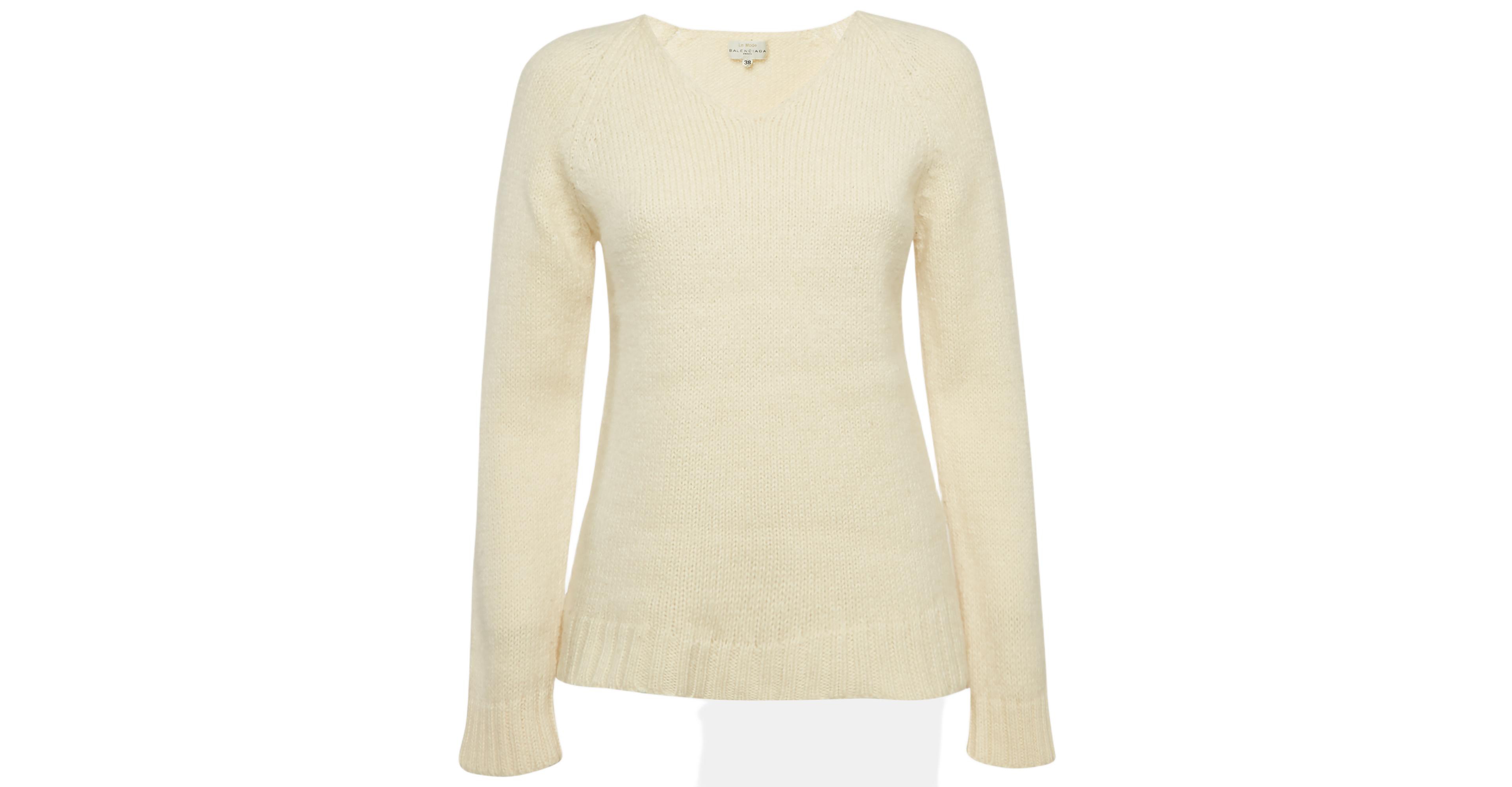 Pre-Owned Balenciaga Women's Vintage La Mode Cream Rib Knit V-Neck Sweater