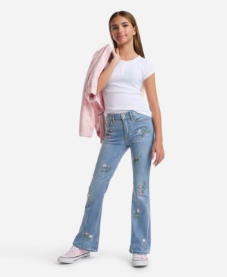 Girls' High-Rise Floral Embroidered Flared Jeans