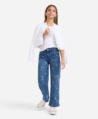 Girls' High Waist Wide Leg Bow Print Jeans
