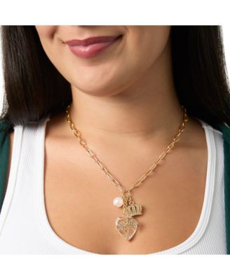 Charm Cluster Necklace, Gold Tone with Heart & Pearl Accents