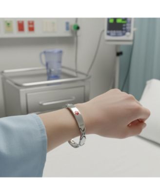 Set of 2 Leaf Shaped Link Chain Name Plated Red ID Alert Medical identification Bracelet Stainless Steel 7.5 Inch