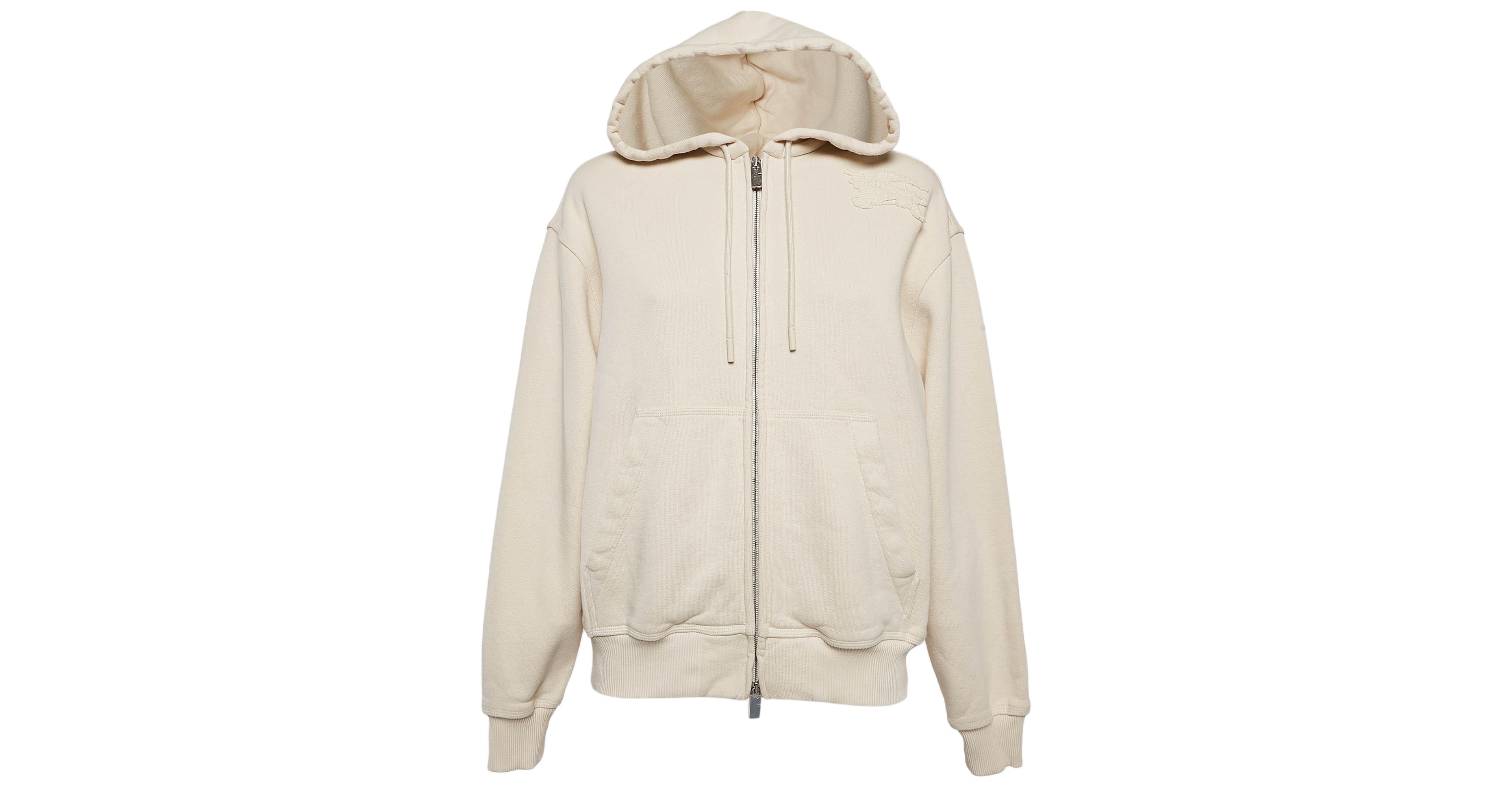 Pre-Owned Burberry Women's Beige Logo Applique Cotton Knit Zip-Up Hoodie